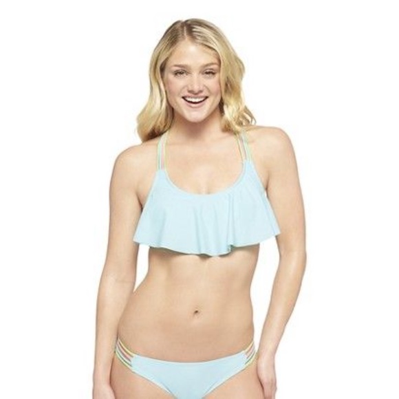 Xhilaration teal flowy bathing suit w/ neon straps - Picture 1 of 5
